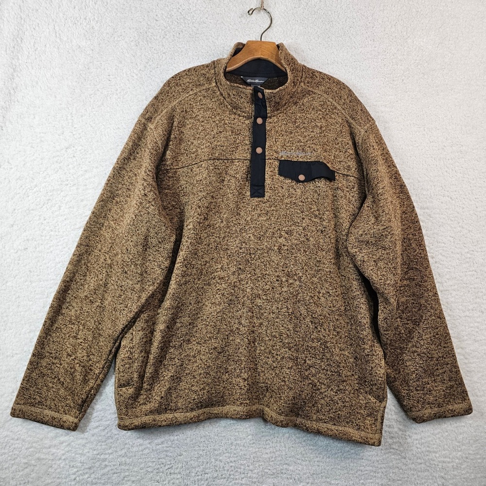 Eddie Bauer Mens 2XL Brown Marl Sweater Fleece Snap Mock Neck Pullover Jacket